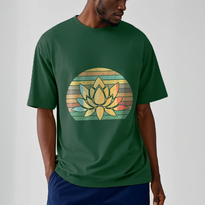 Buddha Stones Casual Retro Striped Background Lotus Flower Pattern Cotton Tee T-shirt - image 12