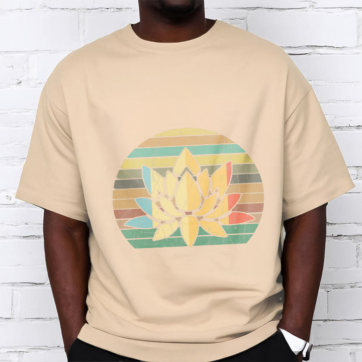 Buddha Stones Casual Retro Striped Background Lotus Flower Pattern Cotton Tee T-shirt - image 10