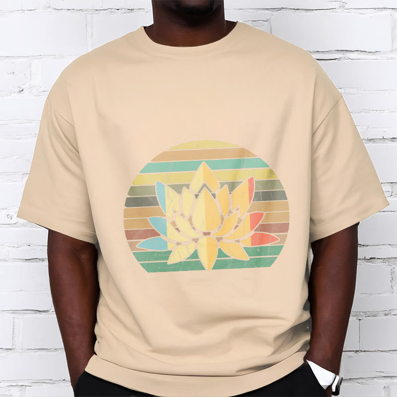 Buddha Stones Casual Retro Striped Background Lotus Flower Pattern Cotton Tee T-shirt - image 10