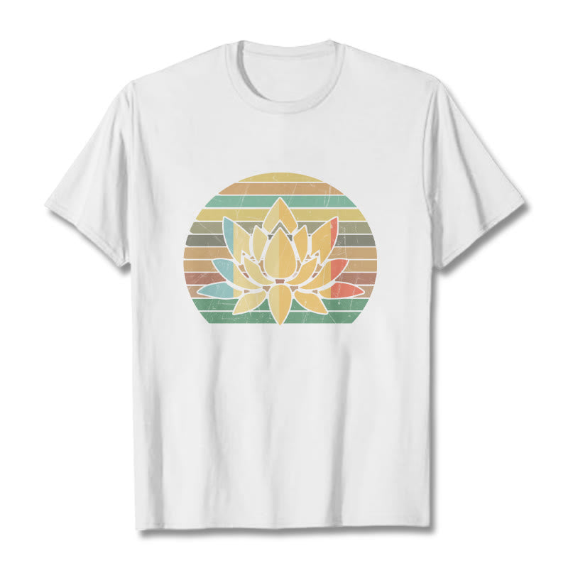 Buddha Stones Casual Retro Striped Background Lotus Flower Pattern Cotton Tee T-shirt - White - 2XL - image 6