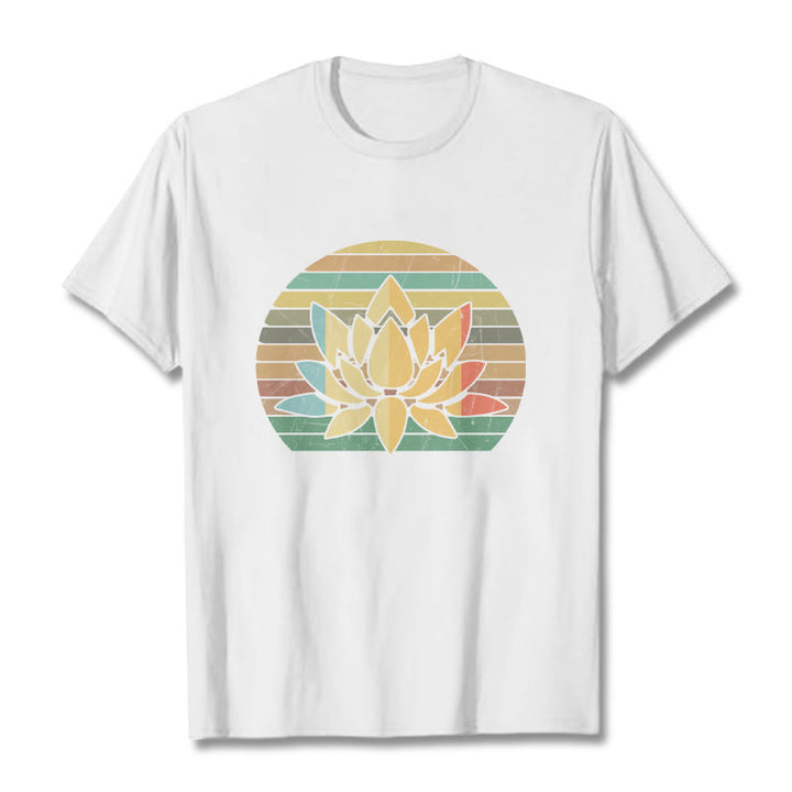 Buddha Stones Casual Retro Striped Background Lotus Flower Pattern Cotton Tee T-shirt - White - 2XL - image 6