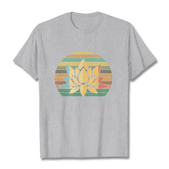 Buddha Stones Casual Retro Striped Background Lotus Flower Pattern Cotton Tee T-shirt - LightGrey - 2XL - image 20