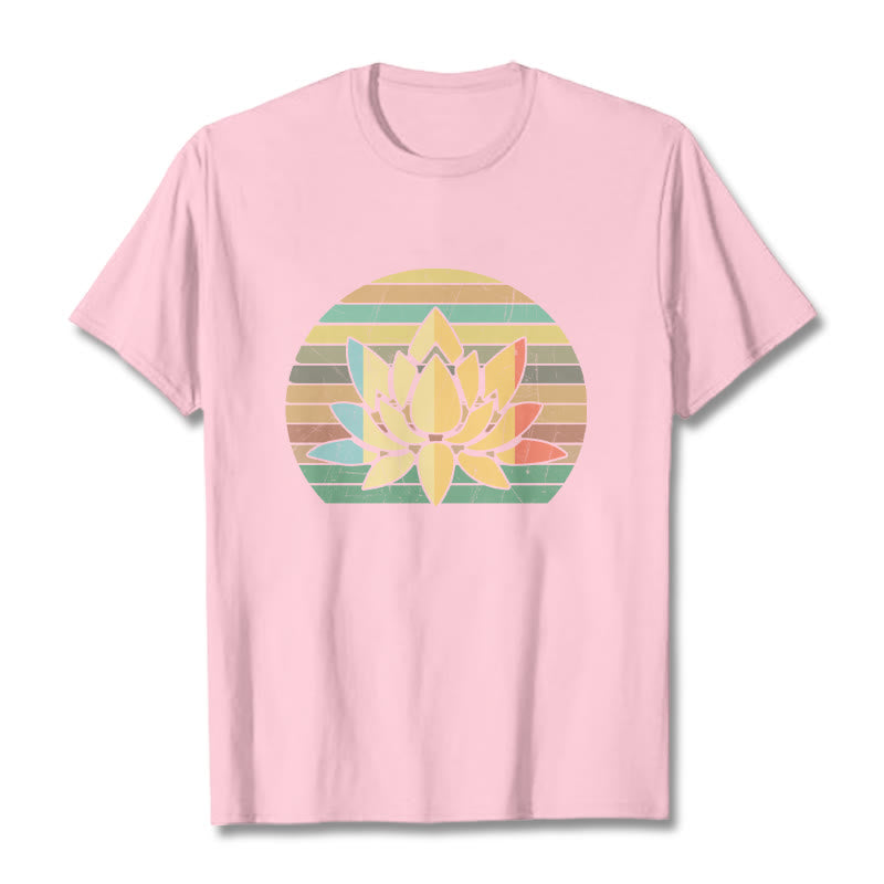 Buddha Stones Casual Retro Striped Background Lotus Flower Pattern Cotton Tee T-shirt - LightPink - 2XL - image 13