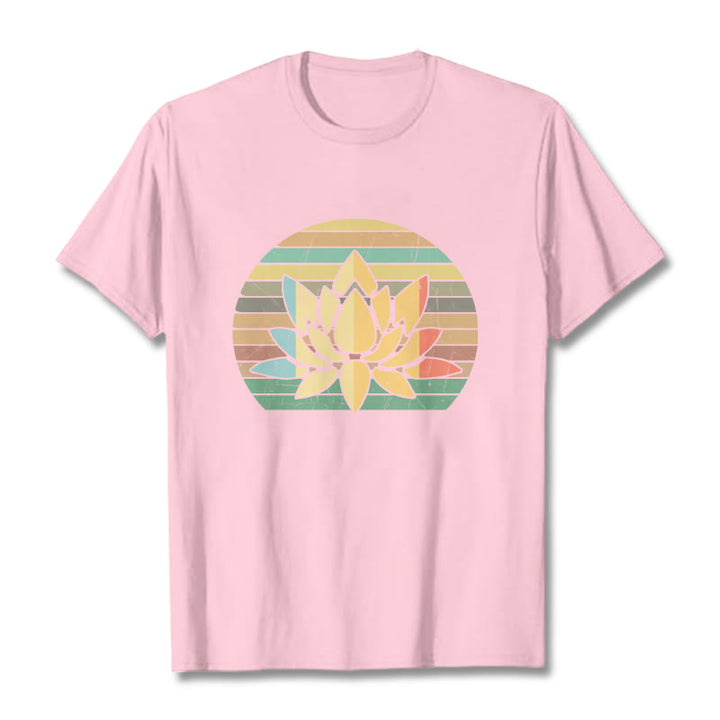Buddha Stones Casual Retro Striped Background Lotus Flower Pattern Cotton Tee T-shirt - LightPink - 2XL - image 13