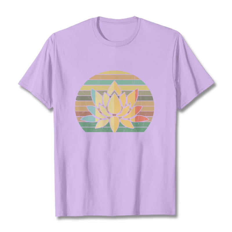 Buddha Stones Casual Retro Striped Background Lotus Flower Pattern Cotton Tee T-shirt - Plum - 2XL - image 17