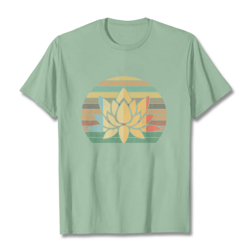 Buddha Stones Casual Retro Striped Background Lotus Flower Pattern Cotton Tee T-shirt - PaleGreen - 2XL - image 15