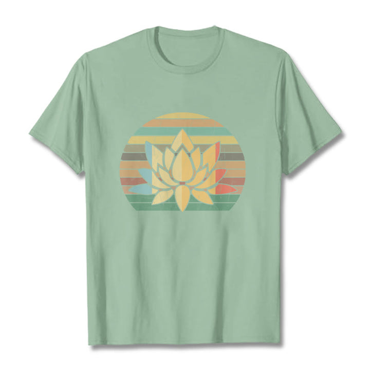 Buddha Stones Casual Retro Striped Background Lotus Flower Pattern Cotton Tee T-shirt - PaleGreen - 2XL - image 15