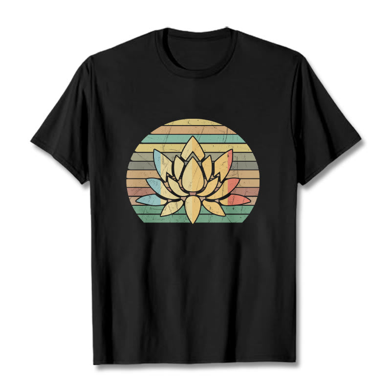 Buddha Stones Casual Retro Striped Background Lotus Flower Pattern Cotton Tee T-shirt - Black - 2XL - image 1