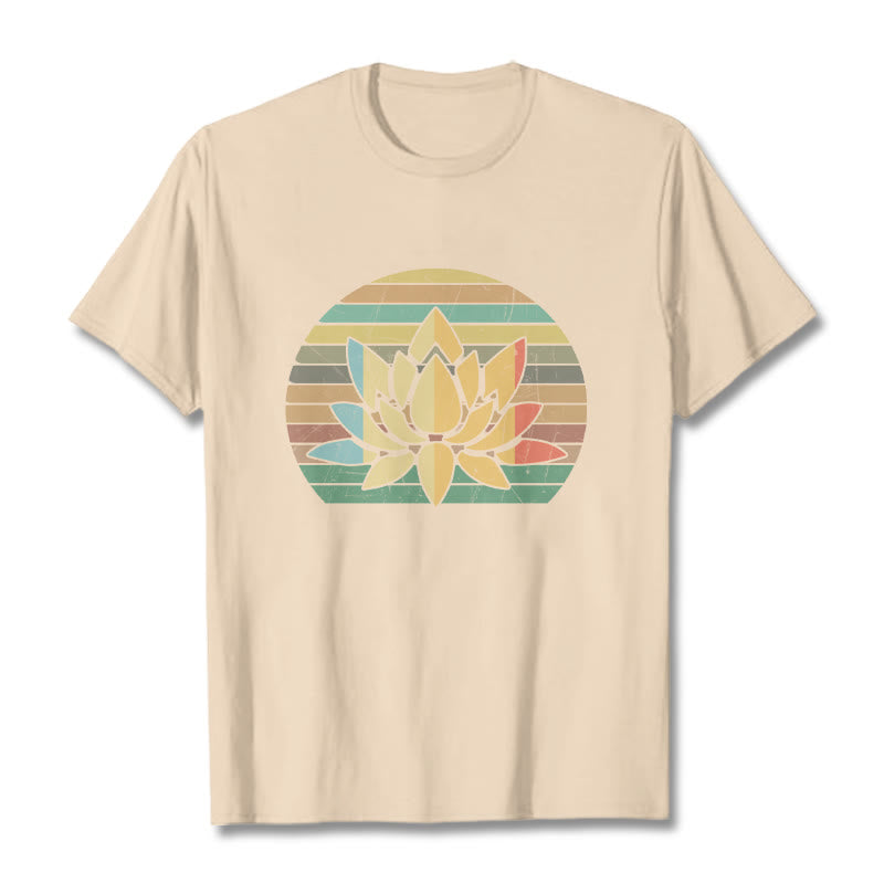 Buddha Stones Casual Retro Striped Background Lotus Flower Pattern Cotton Tee T-shirt - Bisque - 2XL - image 9