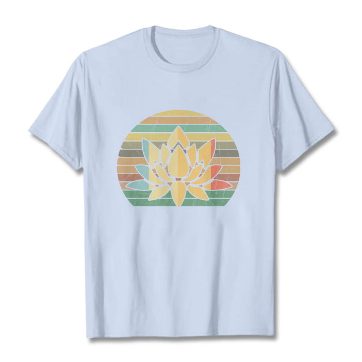 Buddha Stones Casual Retro Striped Background Lotus Flower Pattern Cotton Tee T-shirt - LightCyan - 2XL - image 19