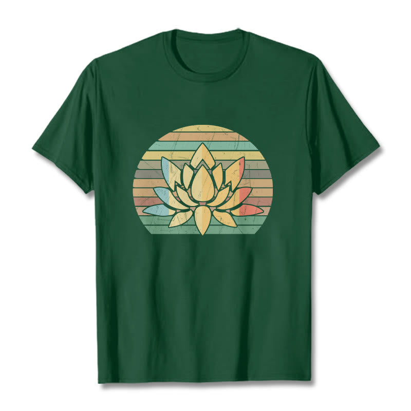 Buddha Stones Casual Retro Striped Background Lotus Flower Pattern Cotton Tee T-shirt - ForestGreen - 2XL - image 11