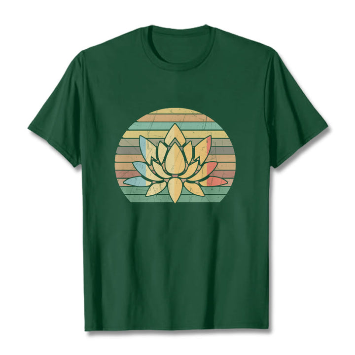 Buddha Stones Casual Retro Striped Background Lotus Flower Pattern Cotton Tee T-shirt - ForestGreen - 2XL - image 11