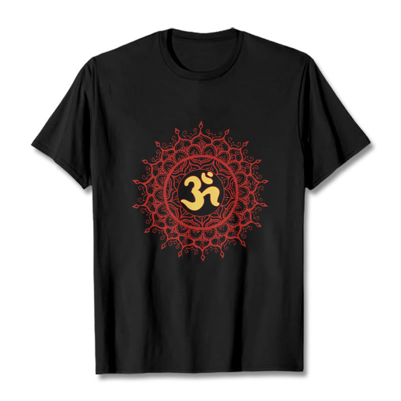 Buddha Stones Casual Red Mandala Om Symbol Pattern Cotton Tee T-shirt - Black - 2XL - image 1