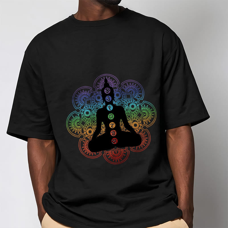 Buddha Stones Casual Meditating Figure Colorful Mandala Pattern Cotton Tee T-shirt - image 2