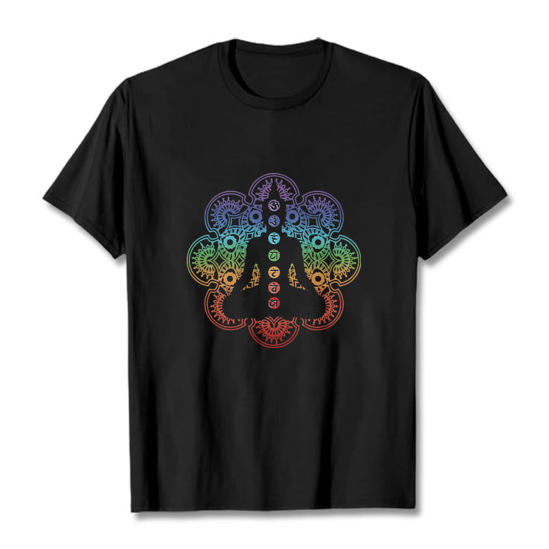 Buddha Stones Casual Meditating Figure Colorful Mandala Pattern Cotton Tee T-shirt - Black - 2XL - image 1