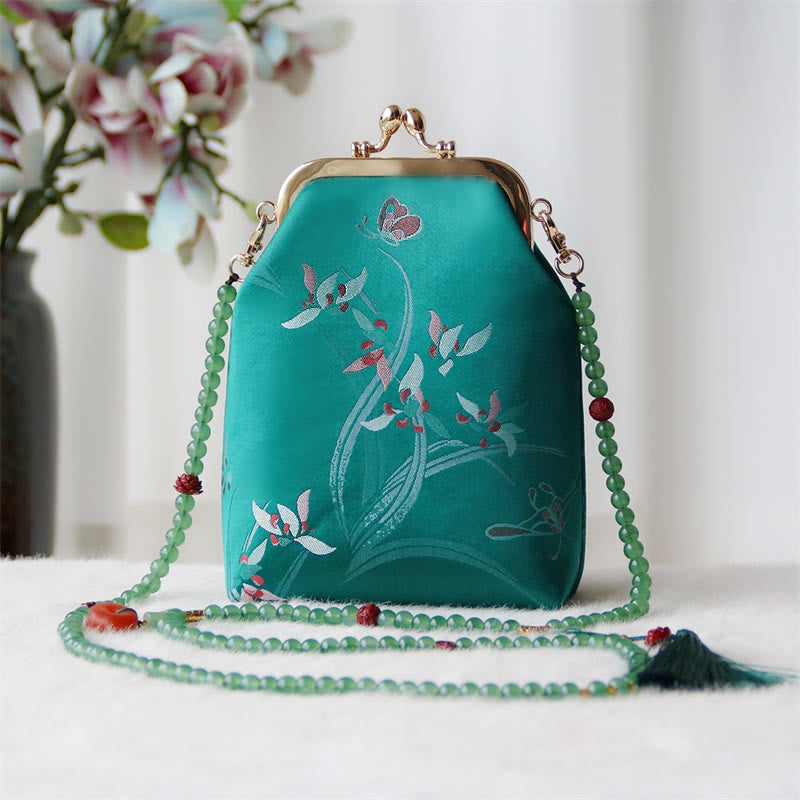 Buddha Stones Retro Chinese Embroidery Pearl Chain Crossbody Bag Shoudler Bag - Green Butterfly Orchid Butterfly 14*6*18cm - image 28