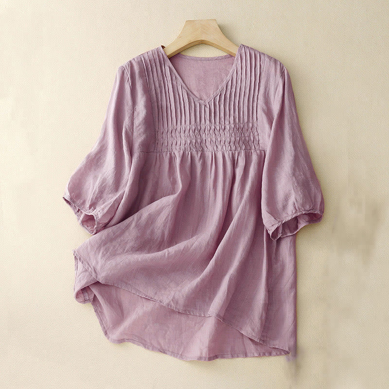 Buddha Stones Casual Plain Loose Women's V-Neck Design Half Sleeve Cotton Shirt - Thistle - US12,UK/AU16,EU44 (2XL) - image 1