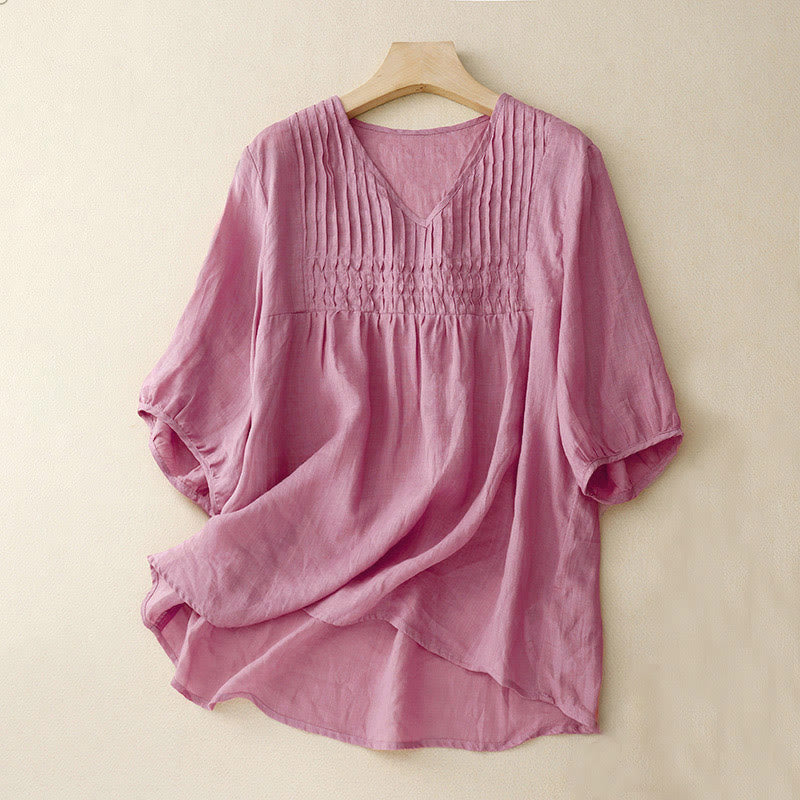 Buddha Stones Casual Plain Loose Women's V-Neck Design Half Sleeve Cotton Shirt - PaleVioletRed - US12,UK/AU16,EU44 (2XL) - image 18