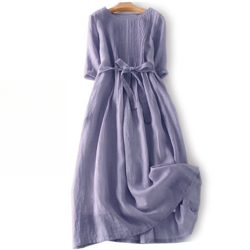 Buddha Stones Casual Lace-up Plain Crew Neck Half Sleeve Cotton Midi Dress With Pockets - Thistle - US12,UK/AU16,EU44 (3XL) - image 16