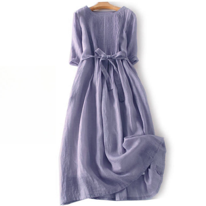 Buddha Stones Casual Lace-up Plain Crew Neck Half Sleeve Cotton Midi Dress With Pockets - Thistle - US12,UK/AU16,EU44 (3XL) - image 16
