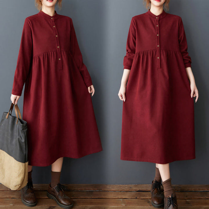 Buddha Stones Plain Buttons Design Thermal Cotton Linen Long Sleeve Midi Dress With Pockets - FireBrick - US8-10,UK/AU12-14,EU40-42 (2XL) - image 22