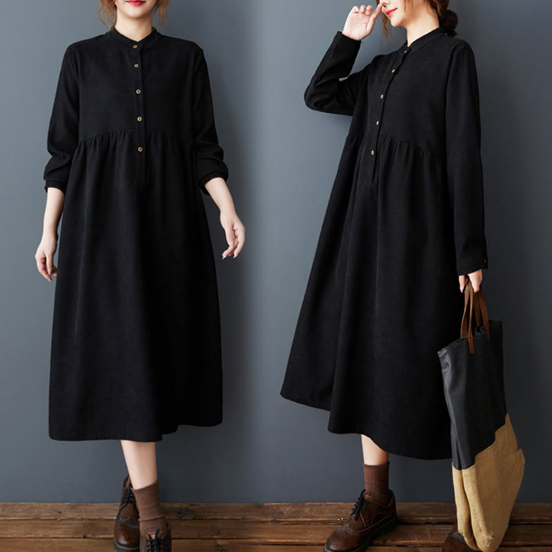 Buddha Stones Plain Buttons Design Thermal Cotton Linen Long Sleeve Midi Dress With Pockets - Black - US8-10,UK/AU12-14,EU40-42 (2XL) - image 1
