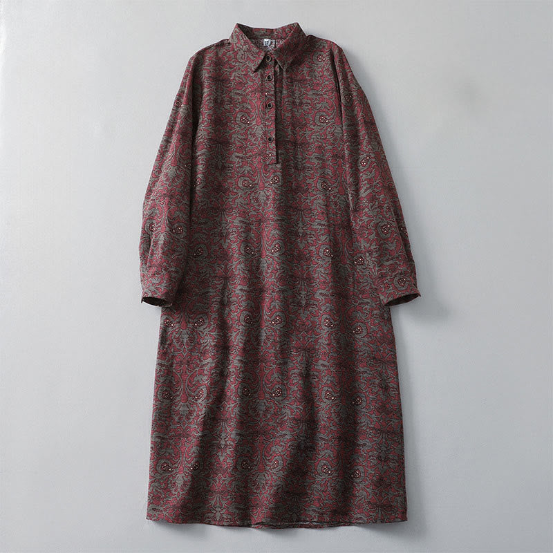 Buddha Stones Brown Printing Floral Pattern Lapel Cotton Linen Long Sleeve Midi Dress With Pockets - Brown - US8-10,UK/AU12-14,EU40-42 (2XL) - image 1