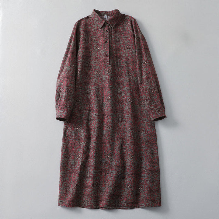 Buddha Stones Brown Printing Floral Pattern Lapel Cotton Linen Long Sleeve Midi Dress With Pockets - Brown - US8-10,UK/AU12-14,EU40-42 (2XL) - image 1