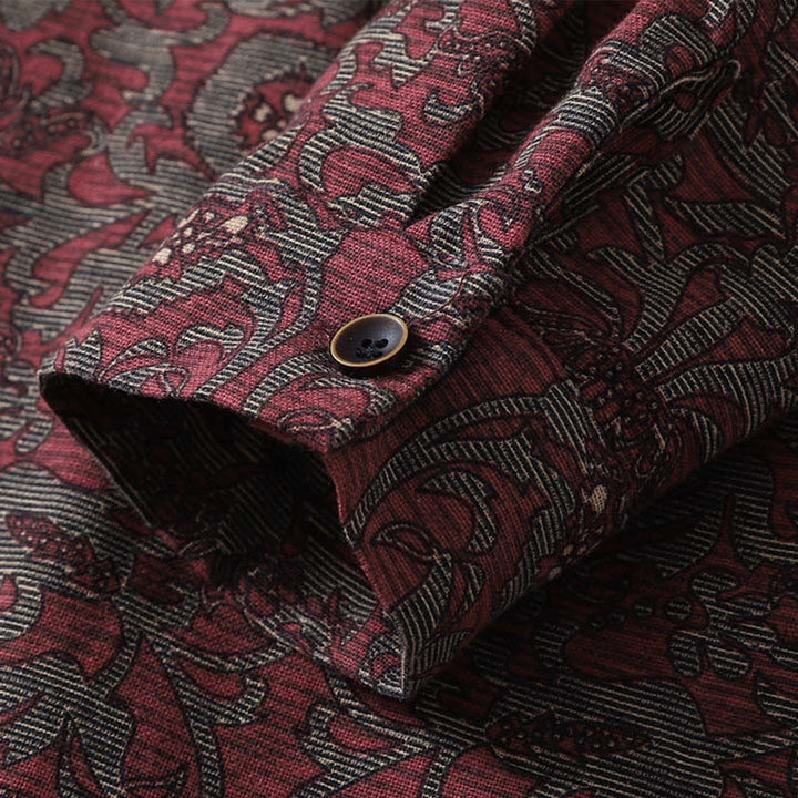 Buddha Stones Brown Printing Floral Pattern Lapel Cotton Linen Long Sleeve Midi Dress With Pockets - image 10