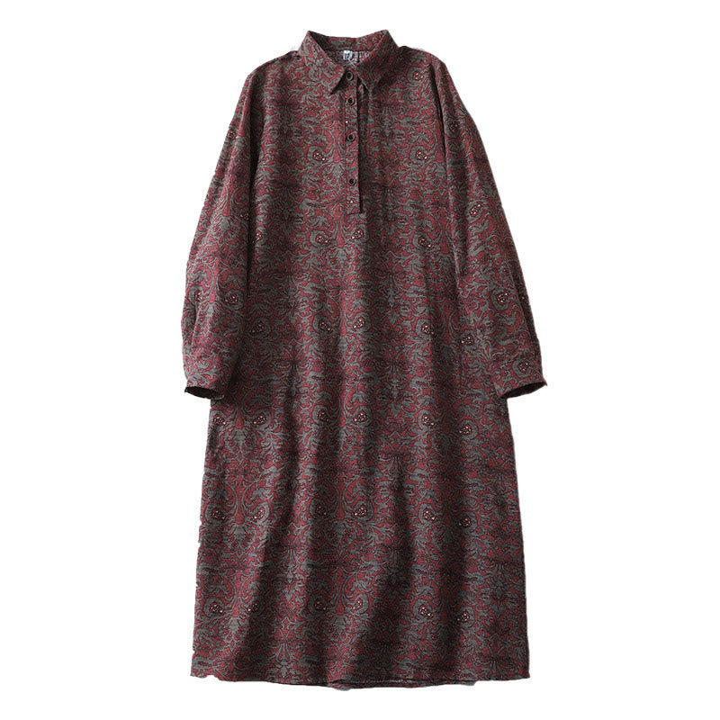 Buddha Stones Brown Printing Floral Pattern Lapel Cotton Linen Long Sleeve Midi Dress With Pockets - image 13