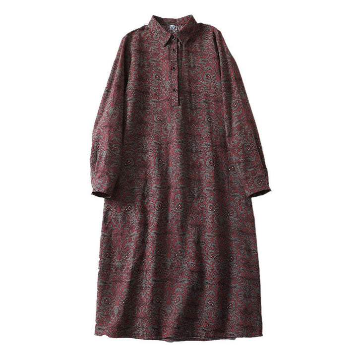 Buddha Stones Brown Printing Floral Pattern Lapel Cotton Linen Long Sleeve Midi Dress With Pockets - image 13