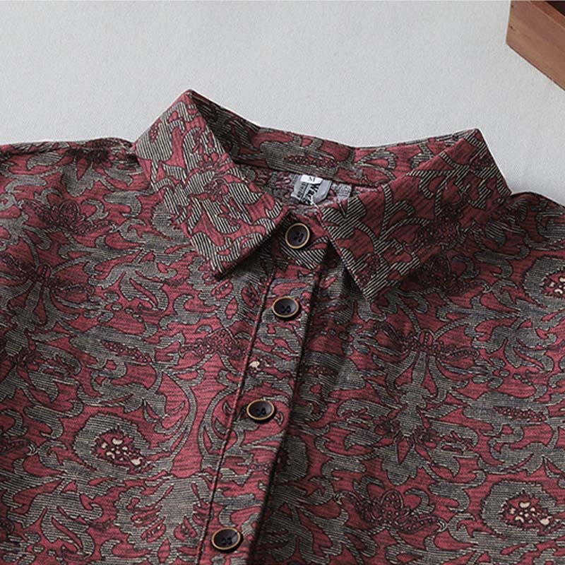 Buddha Stones Brown Printing Floral Pattern Lapel Cotton Linen Long Sleeve Midi Dress With Pockets - image 3