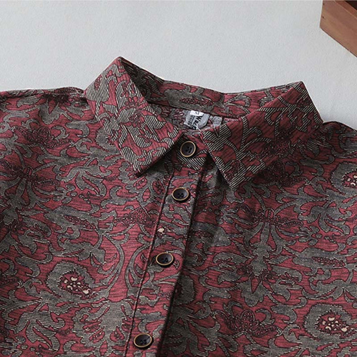 Buddha Stones Brown Printing Floral Pattern Lapel Cotton Linen Long Sleeve Midi Dress With Pockets - image 3