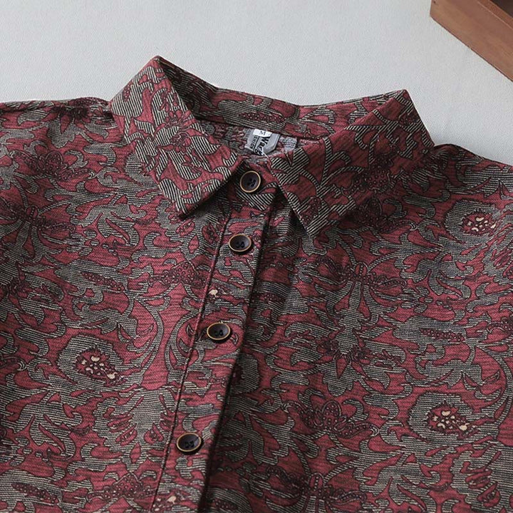 Buddha Stones Brown Printing Floral Pattern Lapel Cotton Linen Long Sleeve Midi Dress With Pockets - image 4