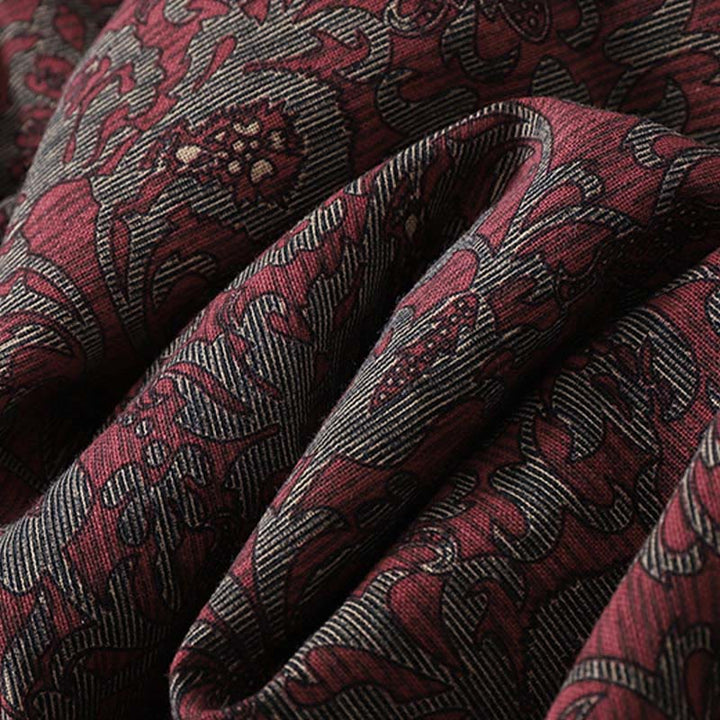 Buddha Stones Brown Printing Floral Pattern Lapel Cotton Linen Long Sleeve Midi Dress With Pockets - image 9