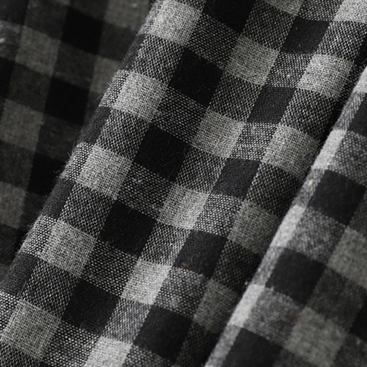 Buddha Stones Black Lace-Up Design Plaid Lapel Long Sleeve Cotton Linen Midi Dress With Pockets - image 7