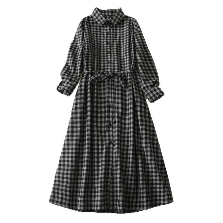 Buddha Stones Black Lace-Up Design Plaid Lapel Long Sleeve Cotton Linen Midi Dress With Pockets - image 12