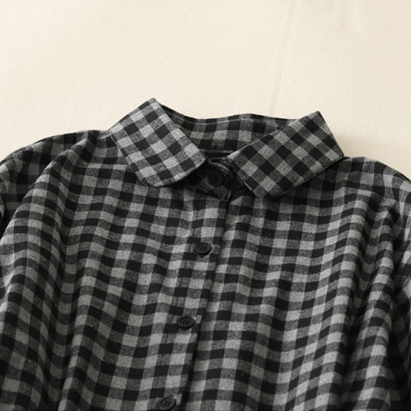 Buddha Stones Black Lace-Up Design Plaid Lapel Long Sleeve Cotton Linen Midi Dress With Pockets - image 3