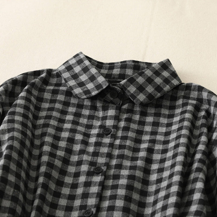 Buddha Stones Black Lace-Up Design Plaid Lapel Long Sleeve Cotton Linen Midi Dress With Pockets - image 3