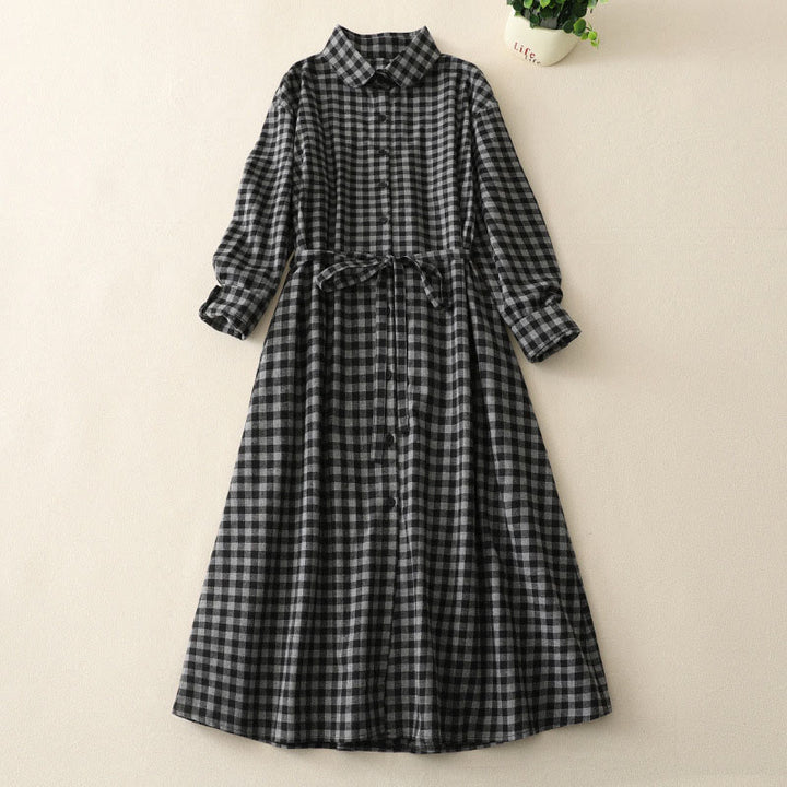 Buddha Stones Black Lace-Up Design Plaid Lapel Long Sleeve Cotton Linen Midi Dress With Pockets - Black - US8-10,UK/AU12-14,EU40-42 (2XL) - image 1