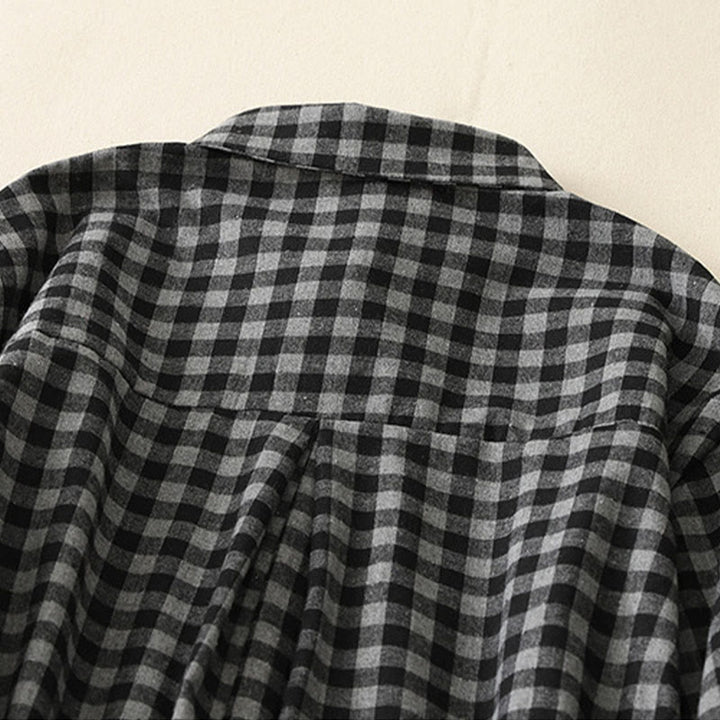 Buddha Stones Black Lace-Up Design Plaid Lapel Long Sleeve Cotton Linen Midi Dress With Pockets - image 4