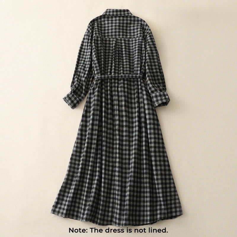 Buddha Stones Black Lace-Up Design Plaid Lapel Long Sleeve Cotton Linen Midi Dress With Pockets - image 2