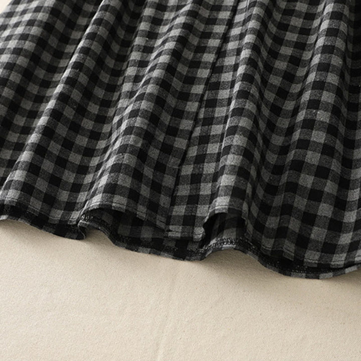 Buddha Stones Black Lace-Up Design Plaid Lapel Long Sleeve Cotton Linen Midi Dress With Pockets - image 11