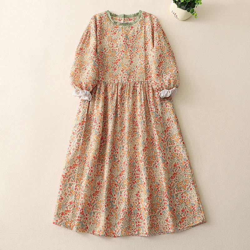 Buddha Stones Casual Floral Lace Crew Neck Balloon Long Sleeve Cotton Linen Midi Dress With Pockets - Khaki - US8-10,UK/AU12-14,EU40-42 (2XL) - image 5