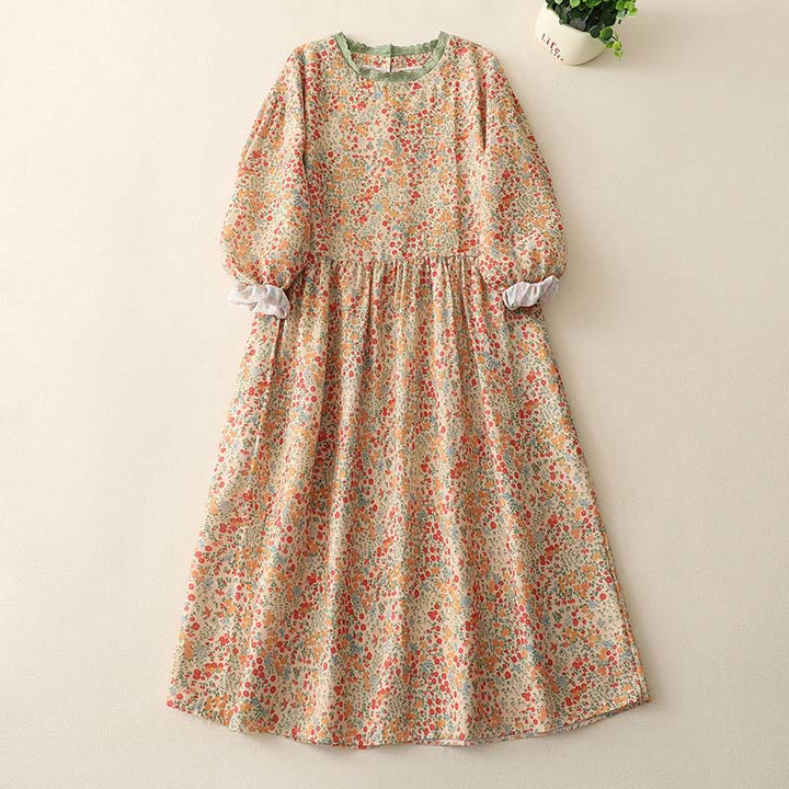 Buddha Stones Casual Floral Lace Crew Neck Balloon Long Sleeve Cotton Linen Midi Dress With Pockets - Khaki - US8-10,UK/AU12-14,EU40-42 (2XL) - image 5