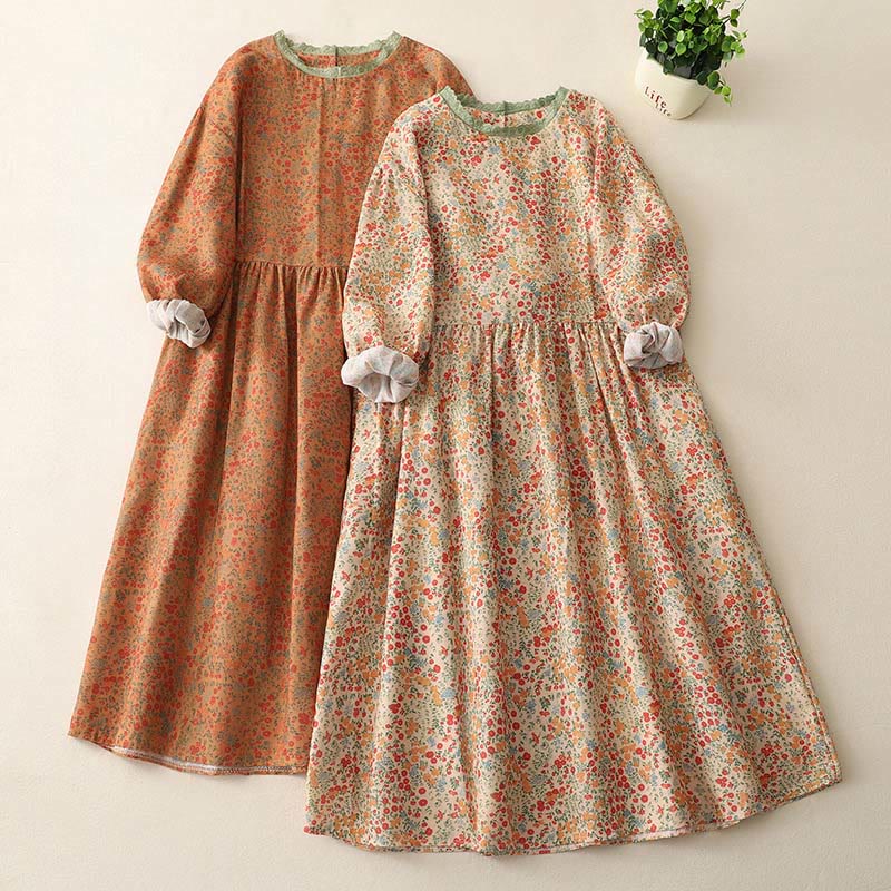 Buddha Stones Casual Floral Lace Crew Neck Balloon Long Sleeve Cotton Linen Midi Dress With Pockets - image 14