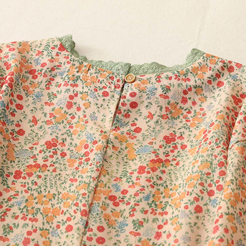 Buddha Stones Casual Floral Lace Crew Neck Balloon Long Sleeve Cotton Linen Midi Dress With Pockets - image 8