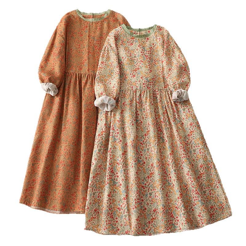 Buddha Stones Casual Floral Lace Crew Neck Balloon Long Sleeve Cotton Linen Midi Dress With Pockets - image 15