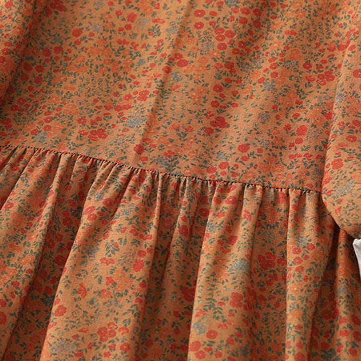 Buddha Stones Casual Floral Lace Crew Neck Balloon Long Sleeve Cotton Linen Midi Dress With Pockets - image 3