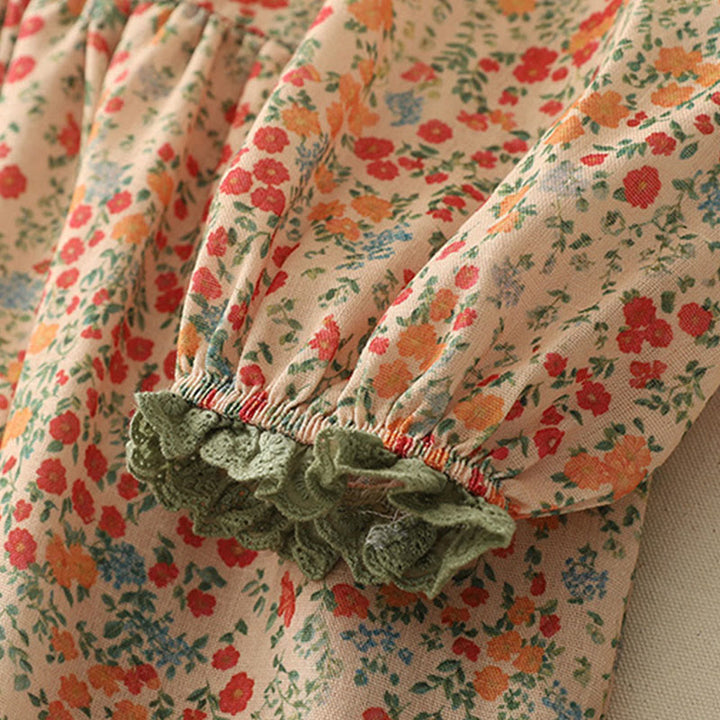 Buddha Stones Casual Floral Lace Crew Neck Balloon Long Sleeve Cotton Linen Midi Dress With Pockets - image 12